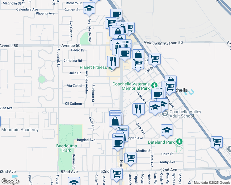 map of restaurants, bars, coffee shops, grocery stores, and more near 50905 Suncrest Street in Coachella