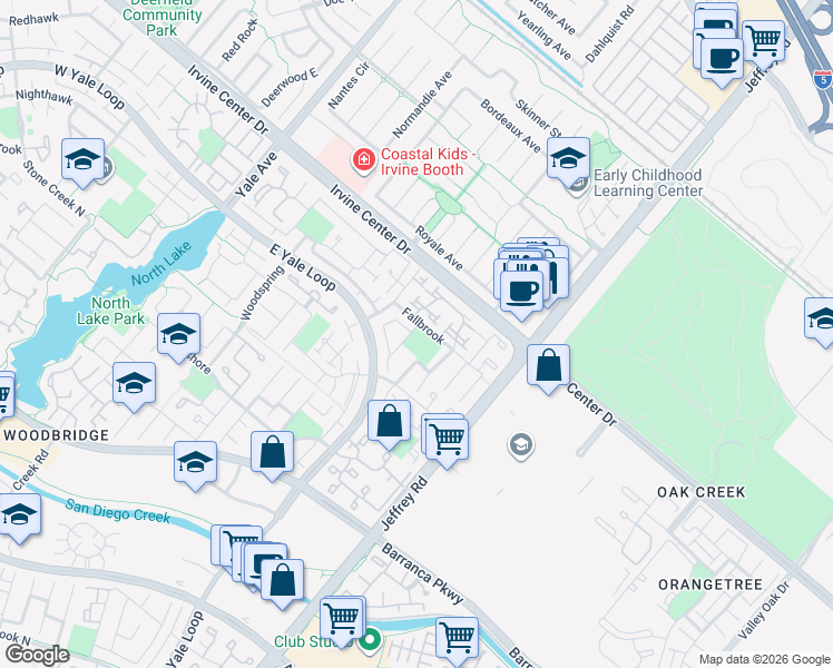 map of restaurants, bars, coffee shops, grocery stores, and more near 75 Fallbrook in Irvine