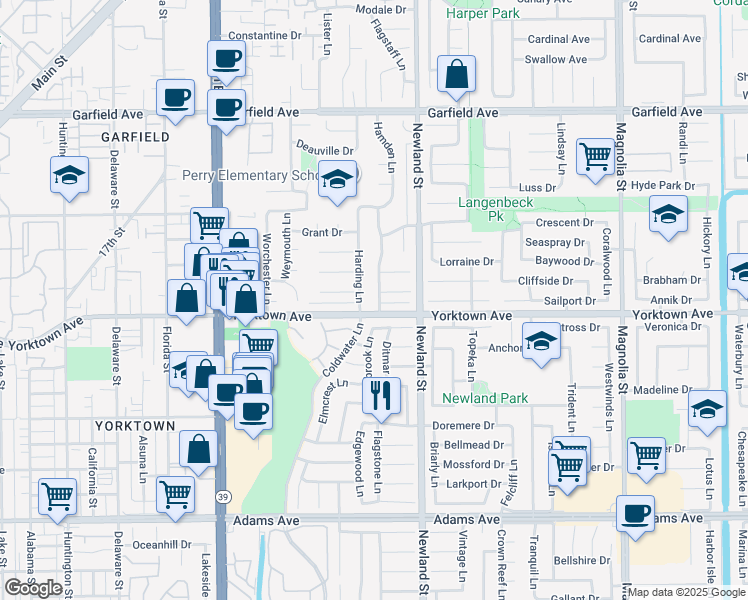 map of restaurants, bars, coffee shops, grocery stores, and more near 19472 Harding Lane in Huntington Beach