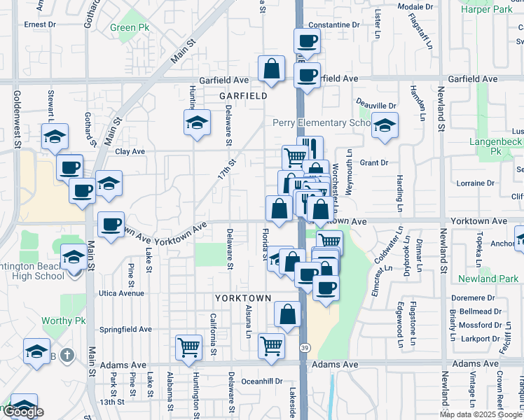 map of restaurants, bars, coffee shops, grocery stores, and more near 3 Yorktown Avenue in Huntington Beach