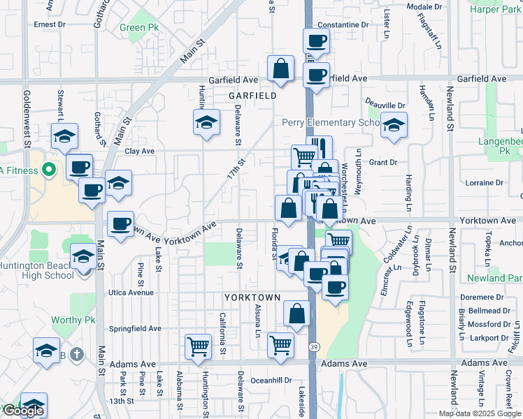 map of restaurants, bars, coffee shops, grocery stores, and more near 3 Yorktown Avenue in Huntington Beach
