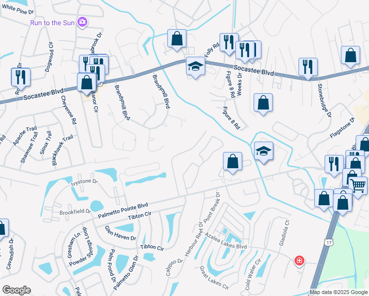 map of restaurants, bars, coffee shops, grocery stores, and more near 144 Olde Towne Way in Myrtle Beach