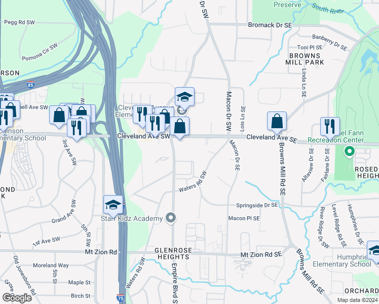 map of restaurants, bars, coffee shops, grocery stores, and more near 108 Cleveland Avenue Southwest in Atlanta