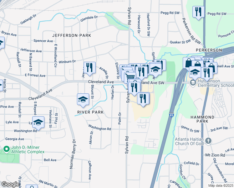 map of restaurants, bars, coffee shops, grocery stores, and more near 948 Reed Avenue in East Point