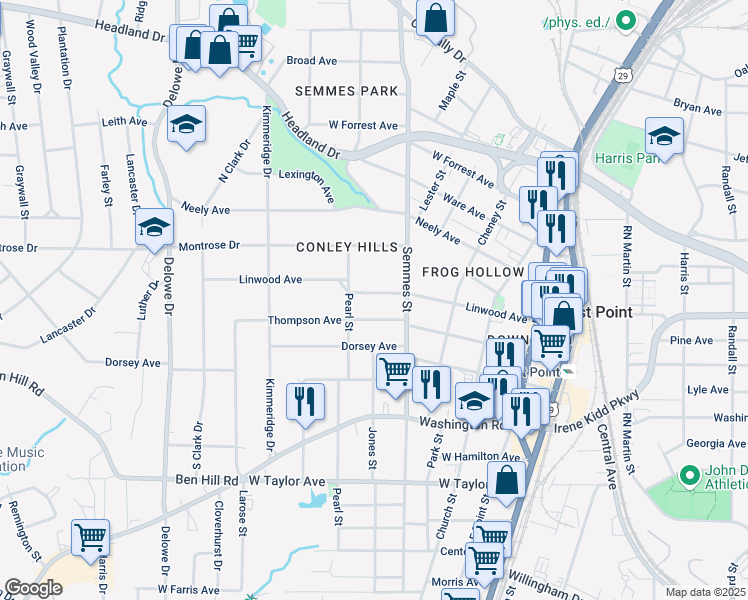 map of restaurants, bars, coffee shops, grocery stores, and more near 1840 Linwood Avenue in East Point