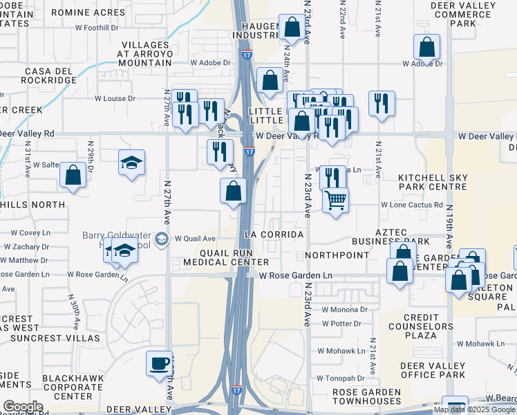 map of restaurants, bars, coffee shops, grocery stores, and more near 21415 North Black Canyon Highway in Phoenix