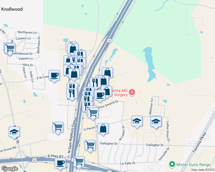 map of restaurants, bars, coffee shops, grocery stores, and more near 4111 North Highway 75 in Sherman