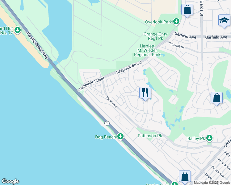 map of restaurants, bars, coffee shops, grocery stores, and more near 19406 Merion Circle in Huntington Beach