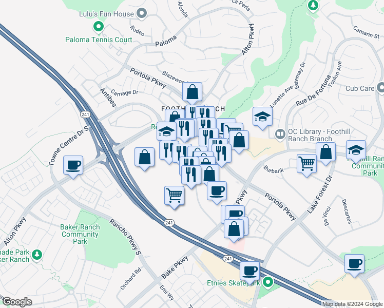 map of restaurants, bars, coffee shops, grocery stores, and more near 26686 Portola Pkwy in Foothill Ranch