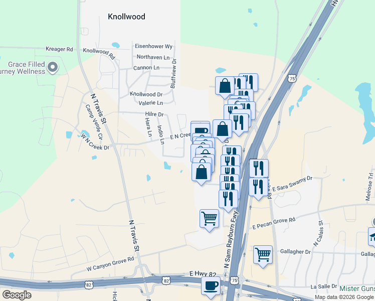 map of restaurants, bars, coffee shops, grocery stores, and more near 3920 Town Center Drive in Sherman