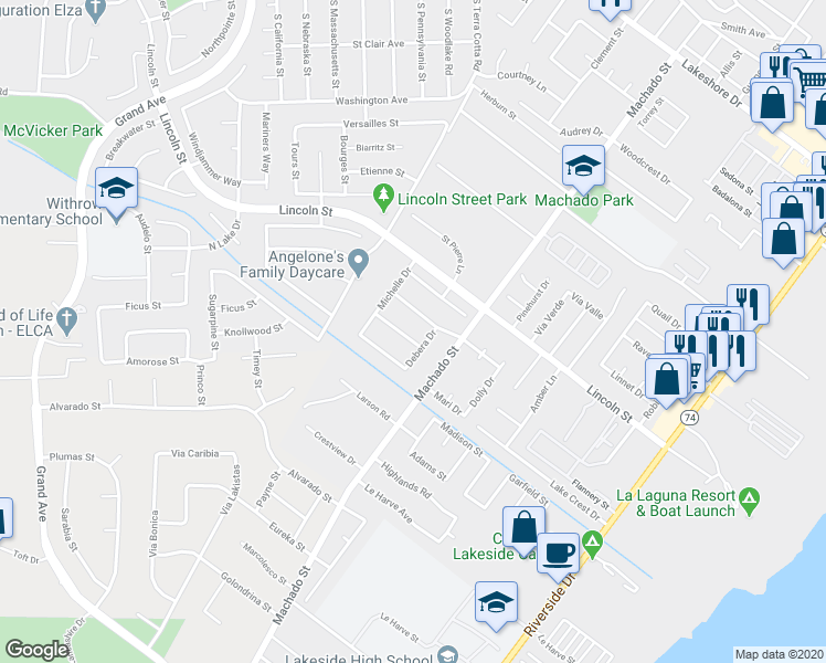 map of restaurants, bars, coffee shops, grocery stores, and more near 15070 Heather Lane in Lake Elsinore