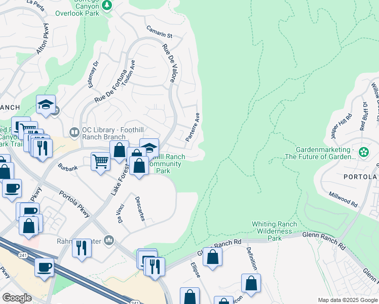 map of restaurants, bars, coffee shops, grocery stores, and more near 32 Balustrade Place in Lake Forest
