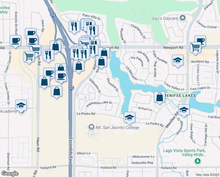 map of restaurants, bars, coffee shops, grocery stores, and more near 28348 Halcyon Court in Menifee