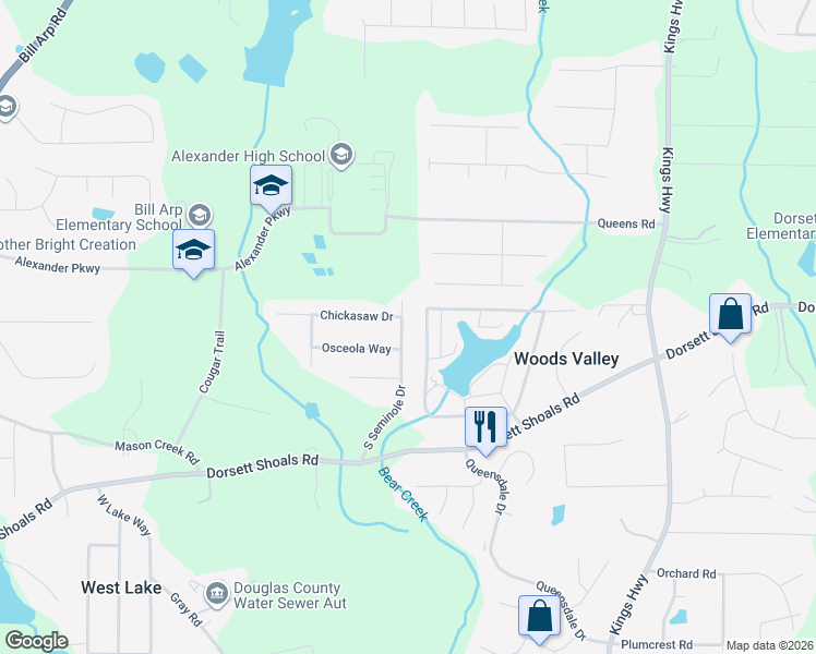 map of restaurants, bars, coffee shops, grocery stores, and more near 4610 South Seminole Drive in Douglasville
