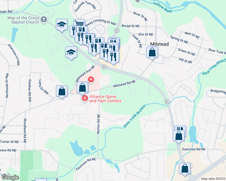map of restaurants, bars, coffee shops, grocery stores, and more near 1435 Milstead Road Northeast in Conyers