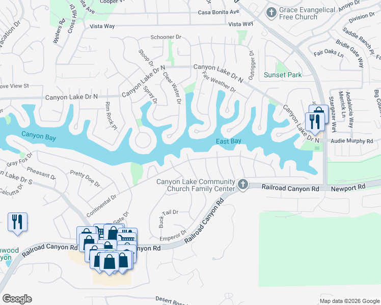 map of restaurants, bars, coffee shops, grocery stores, and more near 30334 Emperor Drive in Canyon Lake