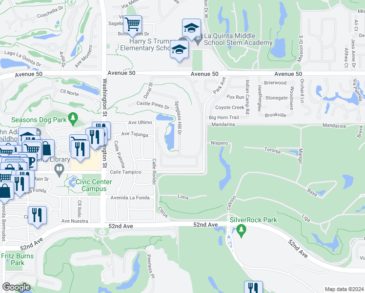map of restaurants, bars, coffee shops, grocery stores, and more near 50640 Spyglass Hill Drive in La Quinta