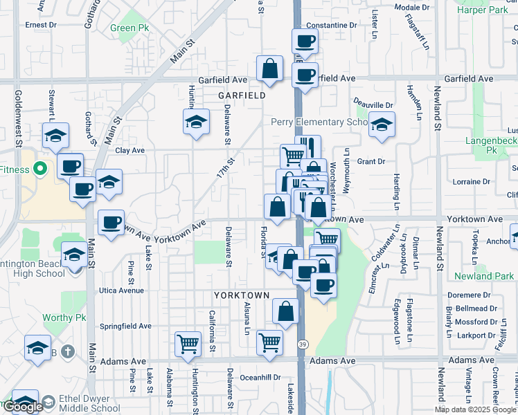 map of restaurants, bars, coffee shops, grocery stores, and more near 3 Yorktown Avenue in Huntington Beach