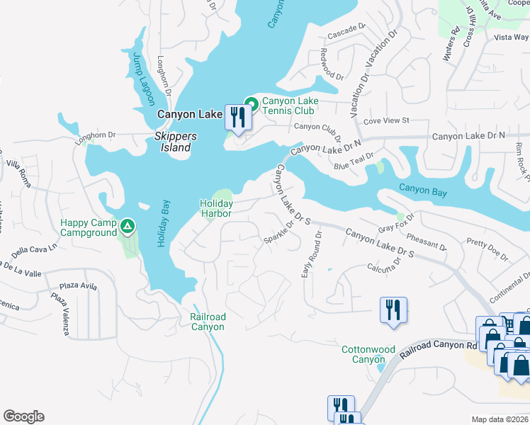 map of restaurants, bars, coffee shops, grocery stores, and more near 22306 Pin Tail Drive in Canyon Lake
