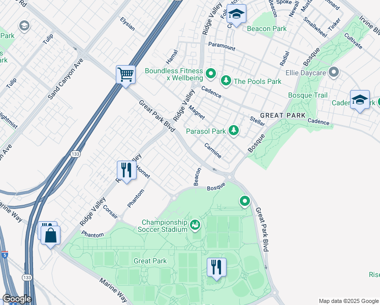 map of restaurants, bars, coffee shops, grocery stores, and more near 117 Great Park Boulevard in Irvine