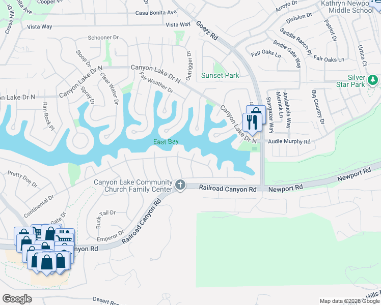 map of restaurants, bars, coffee shops, grocery stores, and more near 30385 South Fork Drive in Canyon Lake