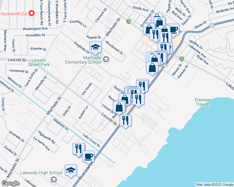 map of restaurants, bars, coffee shops, grocery stores, and more near 3640 Nashland Avenue in Lake Elsinore