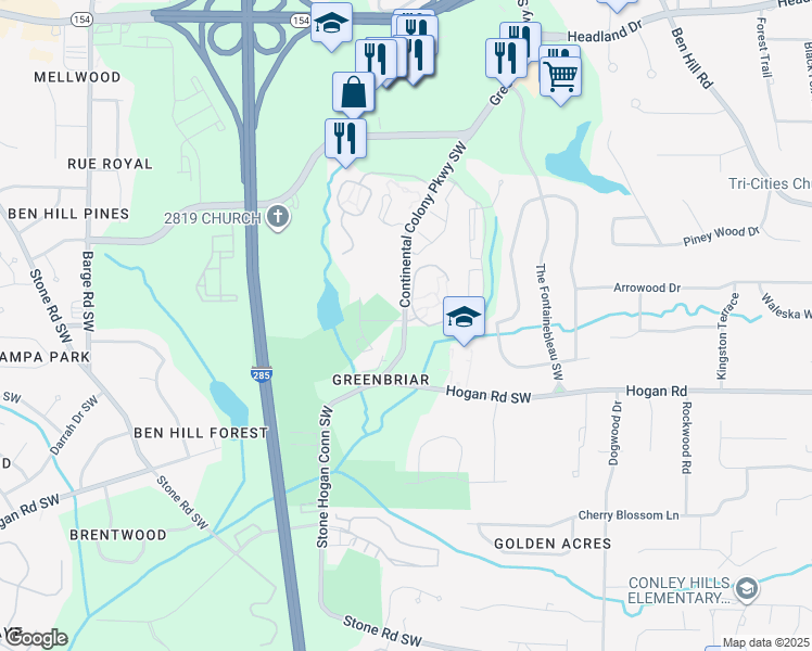 map of restaurants, bars, coffee shops, grocery stores, and more near 3304 Continental Colony Parkway Southwest in Atlanta