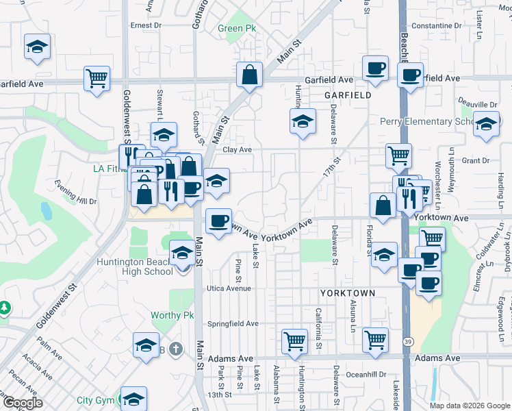 map of restaurants, bars, coffee shops, grocery stores, and more near 19501 Ranch Lane in Huntington Beach