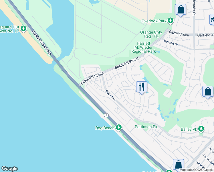 map of restaurants, bars, coffee shops, grocery stores, and more near 19381 Maidstone Lane in Huntington Beach