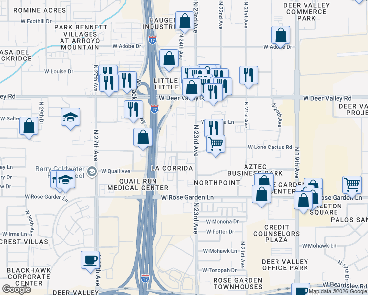 map of restaurants, bars, coffee shops, grocery stores, and more near 2330 West Lone Cactus Drive in Phoenix