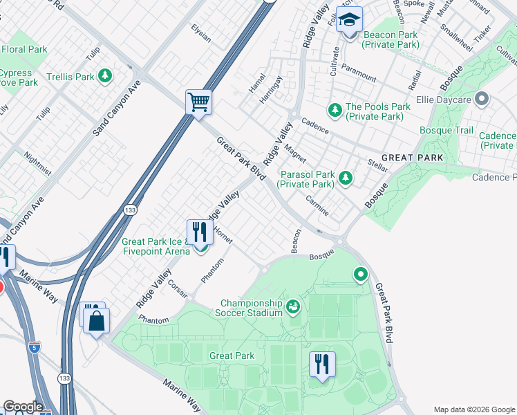 map of restaurants, bars, coffee shops, grocery stores, and more near 133 Shell in Irvine