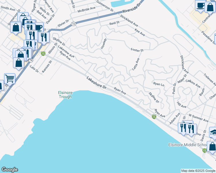 map of restaurants, bars, coffee shops, grocery stores, and more near 17525 Ryan Avenue in Lake Elsinore