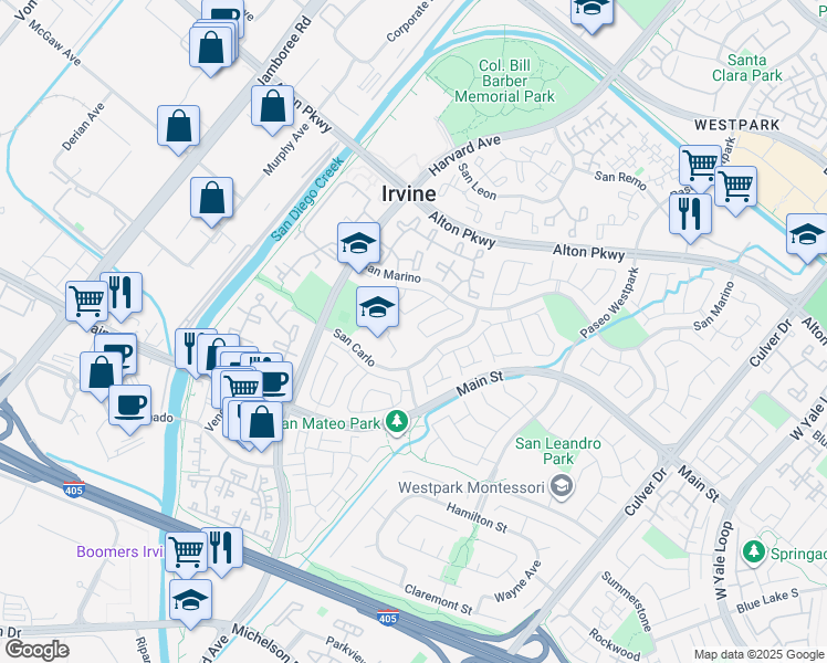 map of restaurants, bars, coffee shops, grocery stores, and more near 25 San Carlo in Irvine