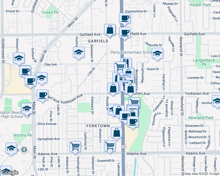 map of restaurants, bars, coffee shops, grocery stores, and more near 7971 Yorktown Avenue in Huntington Beach