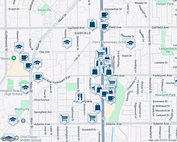 map of restaurants, bars, coffee shops, grocery stores, and more near 3 Yorktown Avenue in Huntington Beach