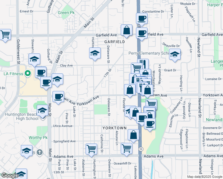 map of restaurants, bars, coffee shops, grocery stores, and more near in Huntington Beach