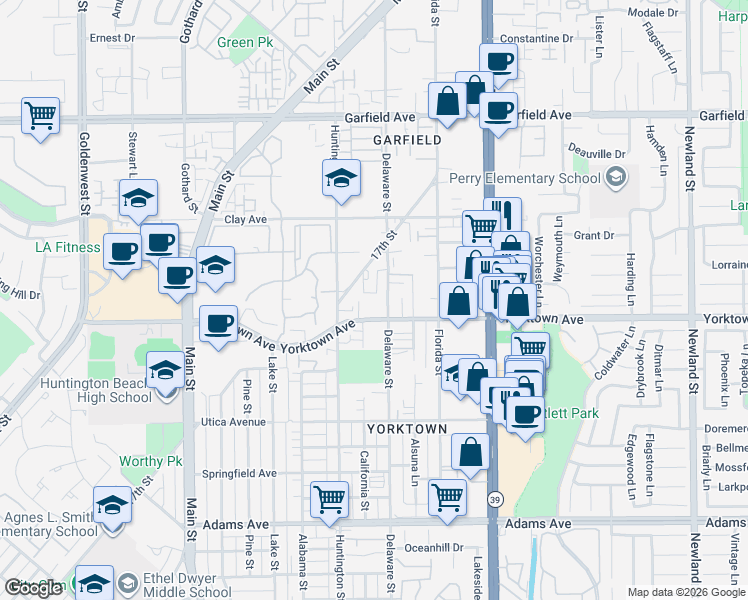 map of restaurants, bars, coffee shops, grocery stores, and more near in Huntington Beach
