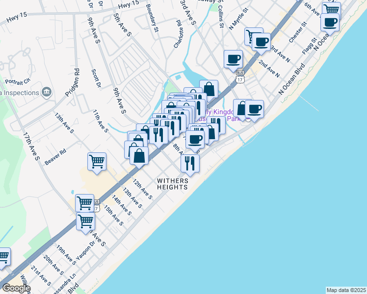 map of restaurants, bars, coffee shops, grocery stores, and more near 350 8th Avenue South in Myrtle Beach
