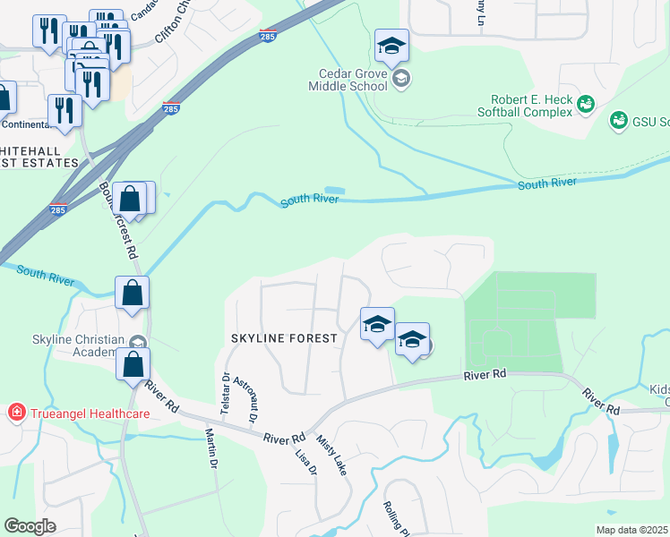 map of restaurants, bars, coffee shops, grocery stores, and more near 3515 Weathered Wood Drive in Ellenwood