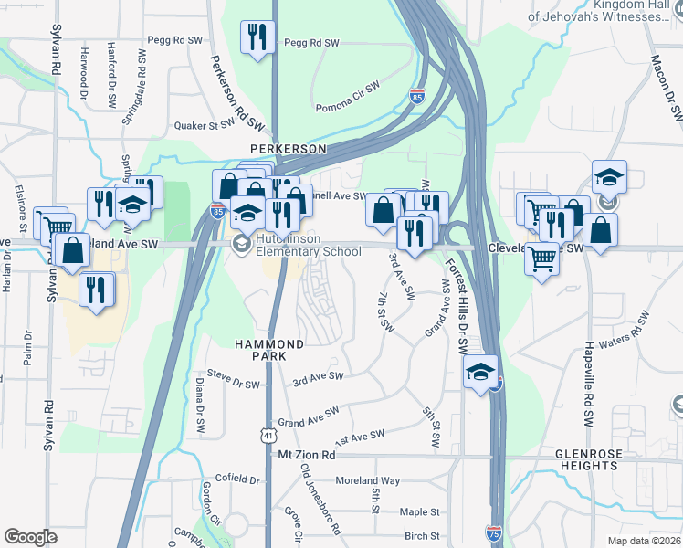 map of restaurants, bars, coffee shops, grocery stores, and more near 2757 Dearwood Drive Southwest in Atlanta