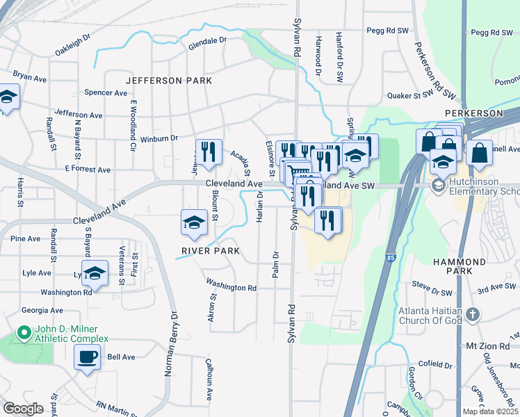 map of restaurants, bars, coffee shops, grocery stores, and more near 2773 Harlan Drive in Atlanta