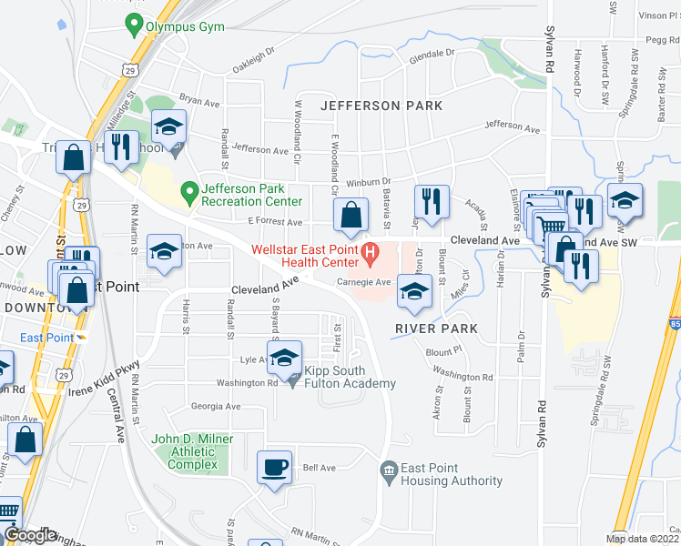 map of restaurants, bars, coffee shops, grocery stores, and more near 1209 Carnegie Avenue in East Point