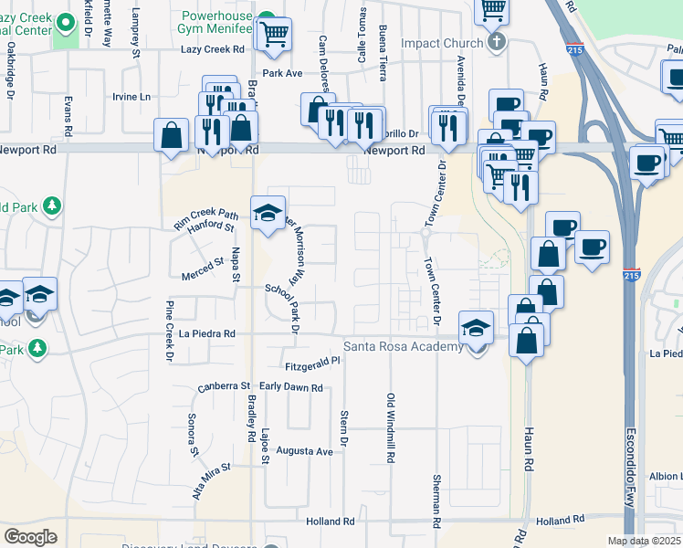 map of restaurants, bars, coffee shops, grocery stores, and more near 30324 Twain Drive in Menifee