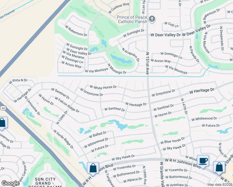 map of restaurants, bars, coffee shops, grocery stores, and more near 15414 West Greystone Drive in Sun City West