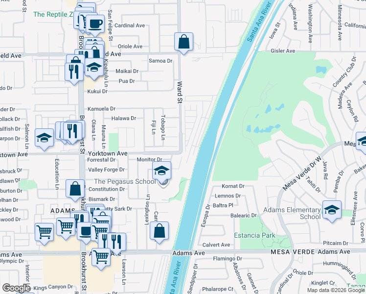 map of restaurants, bars, coffee shops, grocery stores, and more near 19350 South Ward Street in Huntington Beach