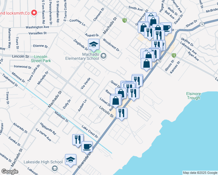 map of restaurants, bars, coffee shops, grocery stores, and more near 3681 Nashland Avenue in Lake Elsinore