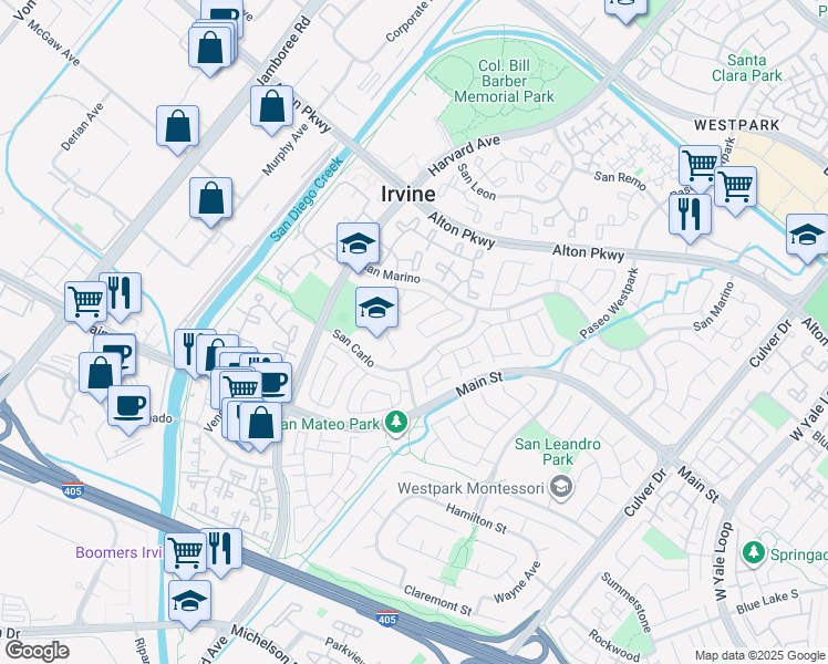 map of restaurants, bars, coffee shops, grocery stores, and more near 25 San Carlo in Irvine