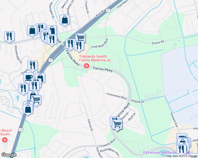 map of restaurants, bars, coffee shops, grocery stores, and more near Birchwood Circle in Myrtle Beach