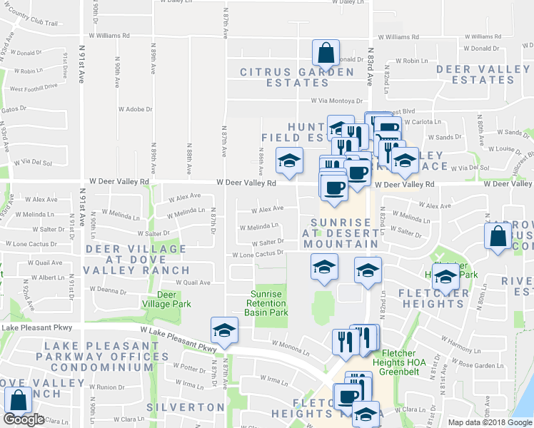map of restaurants, bars, coffee shops, grocery stores, and more near 8611 West Alex Avenue in Peoria