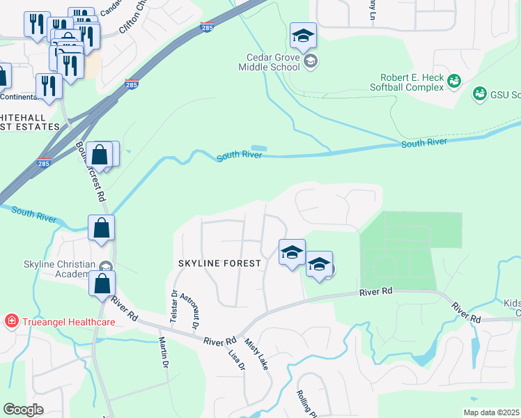 map of restaurants, bars, coffee shops, grocery stores, and more near 3515 Weathered Wood Drive in Ellenwood